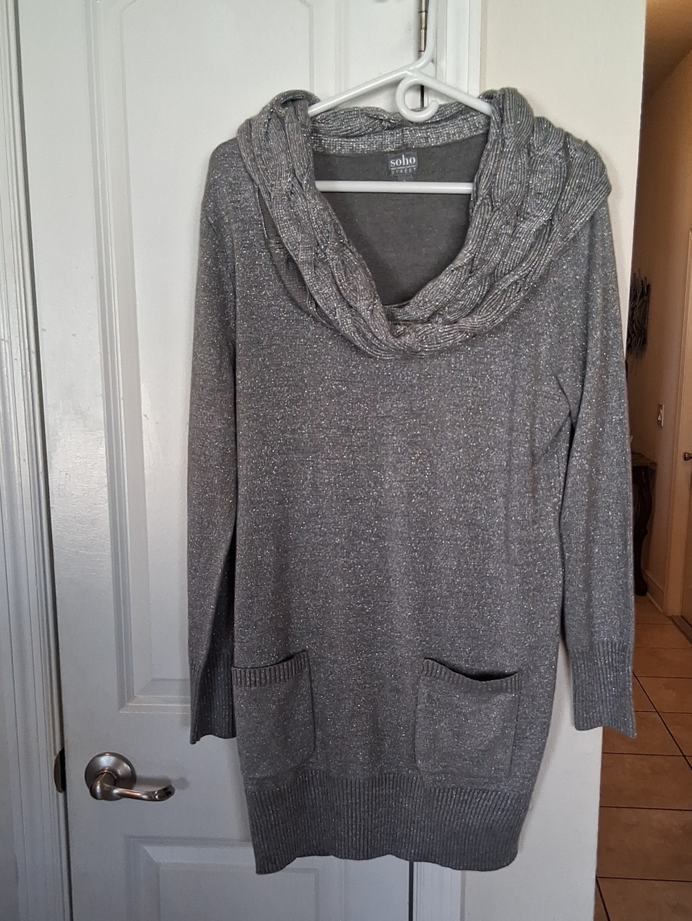 Soho Metallic Gray Cowl Neck Pocket Sweater